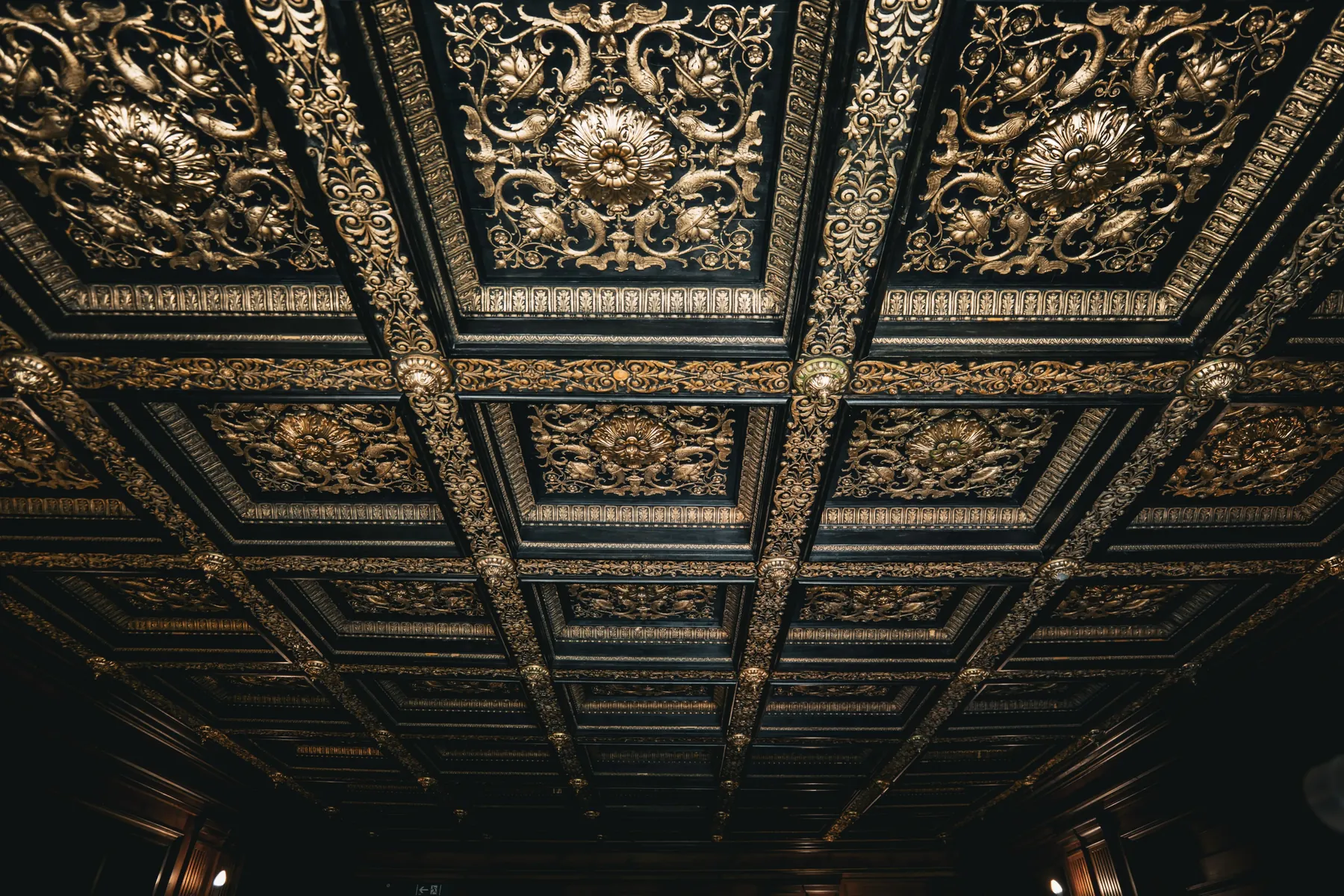 Ornamentierte dunkle Kassettendecke